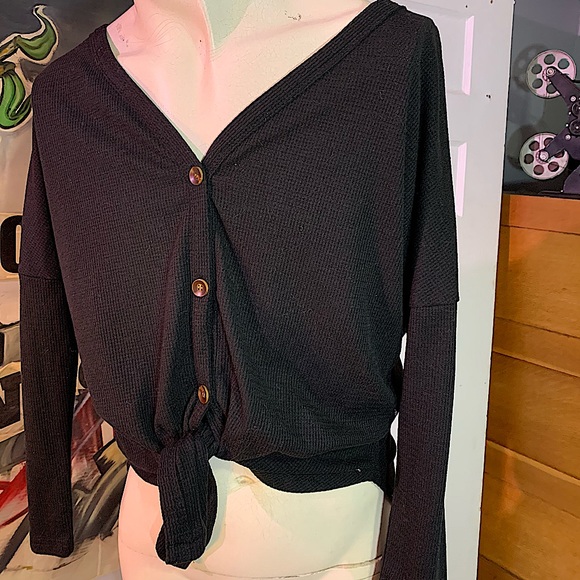 Black Button Down High Low Top - Picture 4 of 7